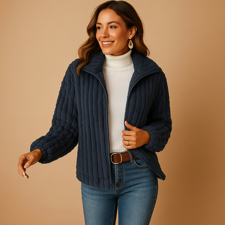 Cardigan fleece Sally Donna lung – Vestă moale cu guler înalt și croială elegantă