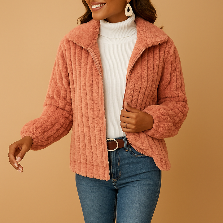 Cardigan fleece Sally Donna lung – Vestă moale cu guler înalt și croială elegantă