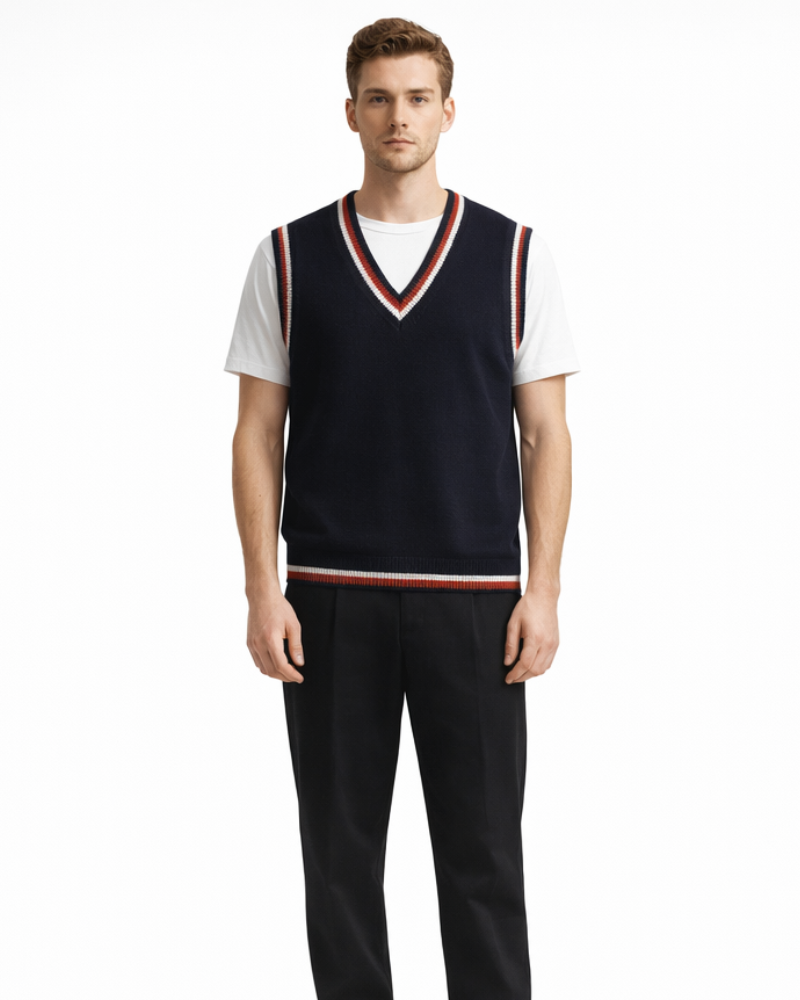 Antonio Vestă Bărbați Oversize – Pulover cu Guler în V cu Dungi Stil Casual Universitar