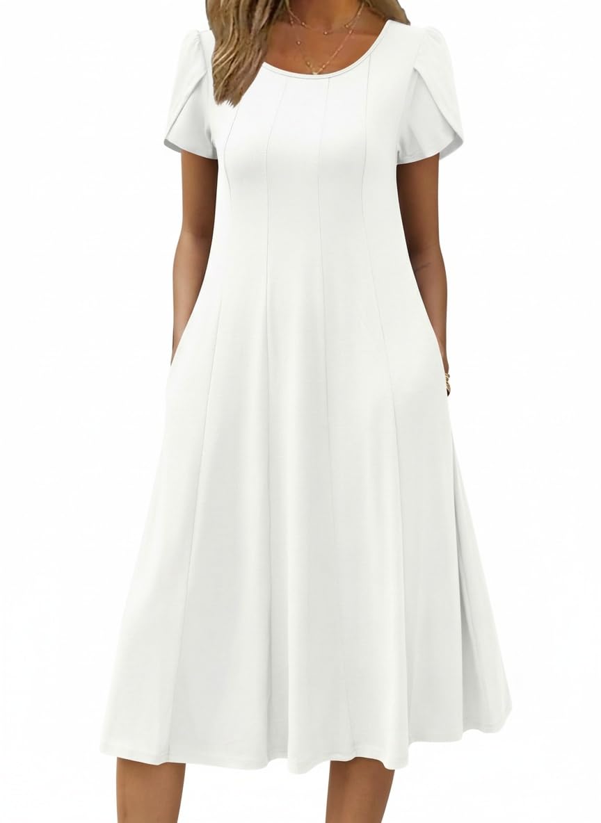 Belle robe midi femme – col rond, manches bouffantes et poches, ligne A élégante