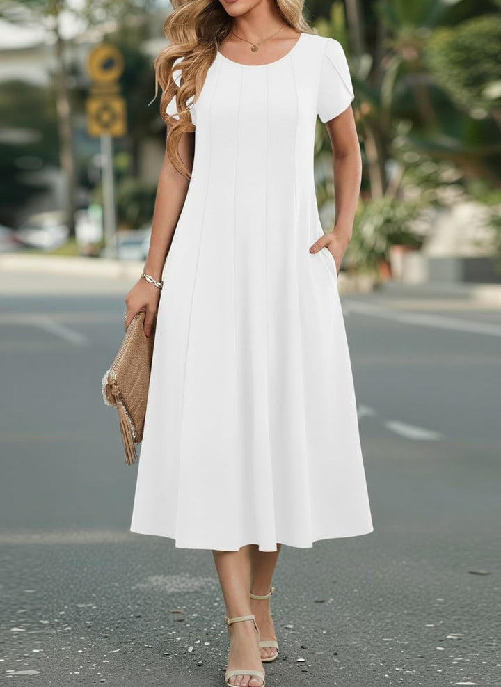 Belle robe midi femme – col rond, manches bouffantes et poches, ligne A élégante