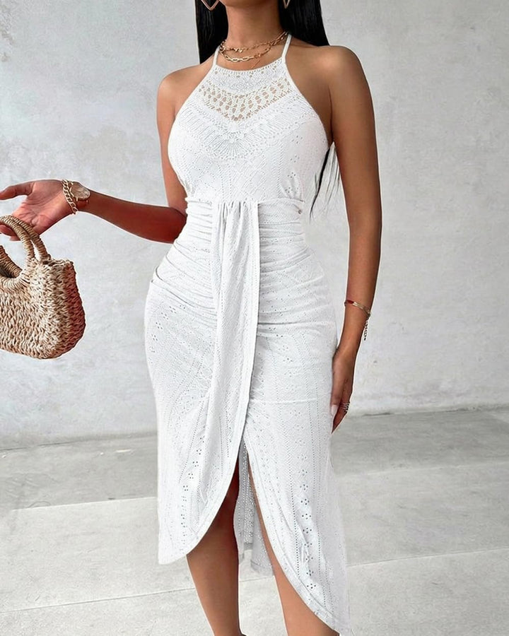 Arla Damen Maxi-Kleid – Neckholder, Sangallo-Stickerei & Eleganter Seitenschlitz für den Sommer