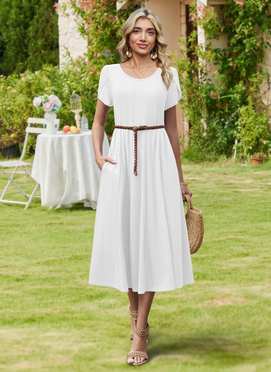 Belle robe midi femme – col rond, manches bouffantes et poches, ligne A élégante