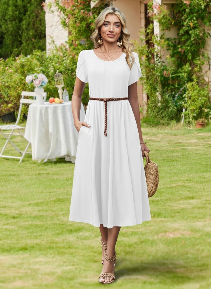 Belle robe midi femme – col rond, manches bouffantes et poches, ligne A élégante