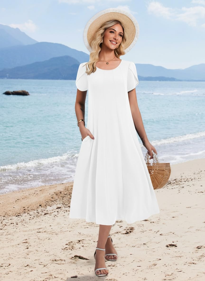 Belle robe midi femme – col rond, manches bouffantes et poches, ligne A élégante