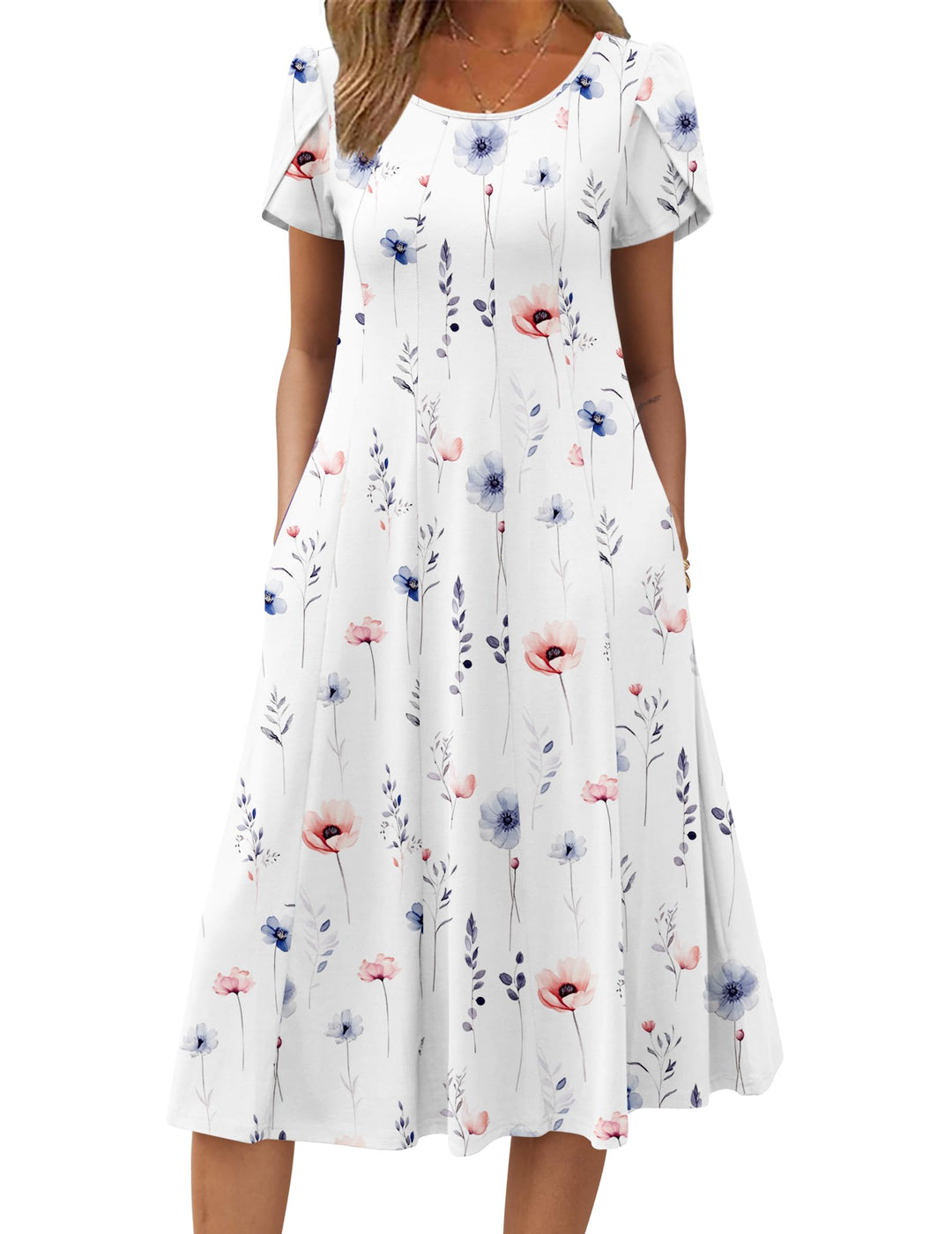 Belle robe midi femme – col rond, manches bouffantes et poches, ligne A élégante