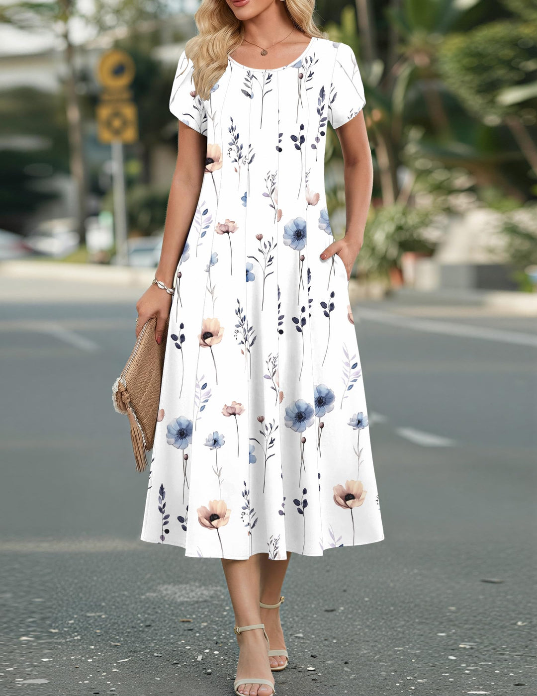 Belle robe midi femme – col rond, manches bouffantes et poches, ligne A élégante