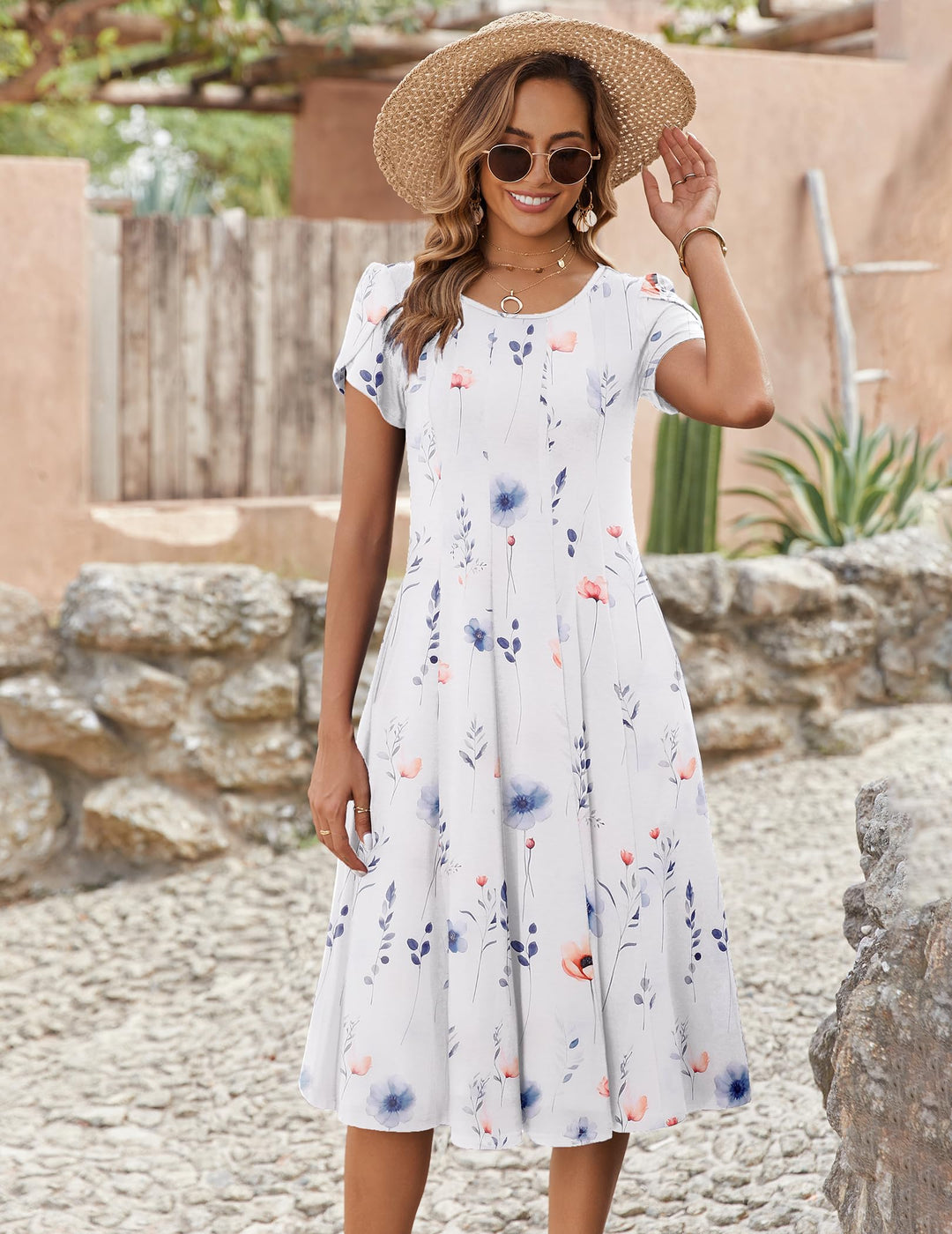 Belle robe midi femme – col rond, manches bouffantes et poches, ligne A élégante