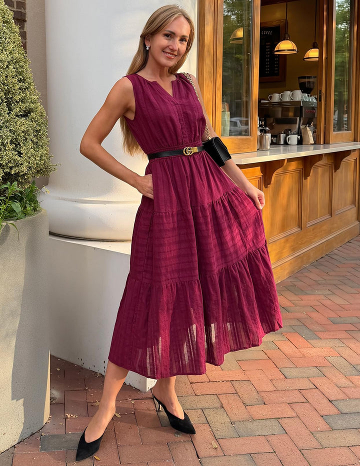 Rochie maxi Camille pentru femei – bumbac jacquard, decolteu în V și croială A-line boho cu buzunare