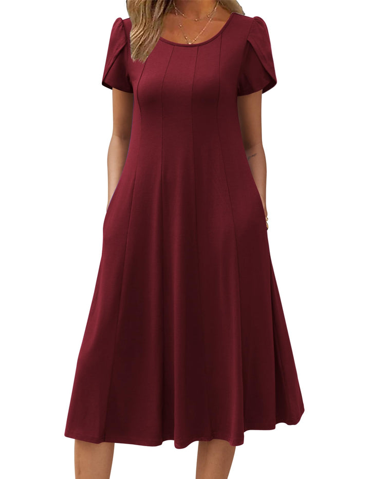 Belle robe midi femme – col rond, manches bouffantes et poches, ligne A élégante