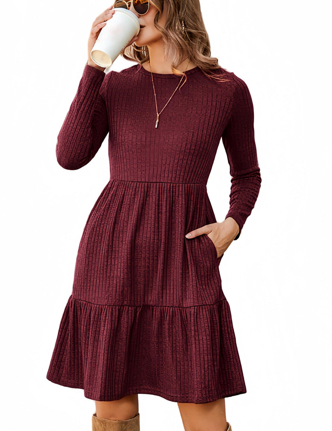 Lakelyn Vestito Donna Autunno – Maniche Lunghe, Collo Tondo & Tasche con Linea A Elegante