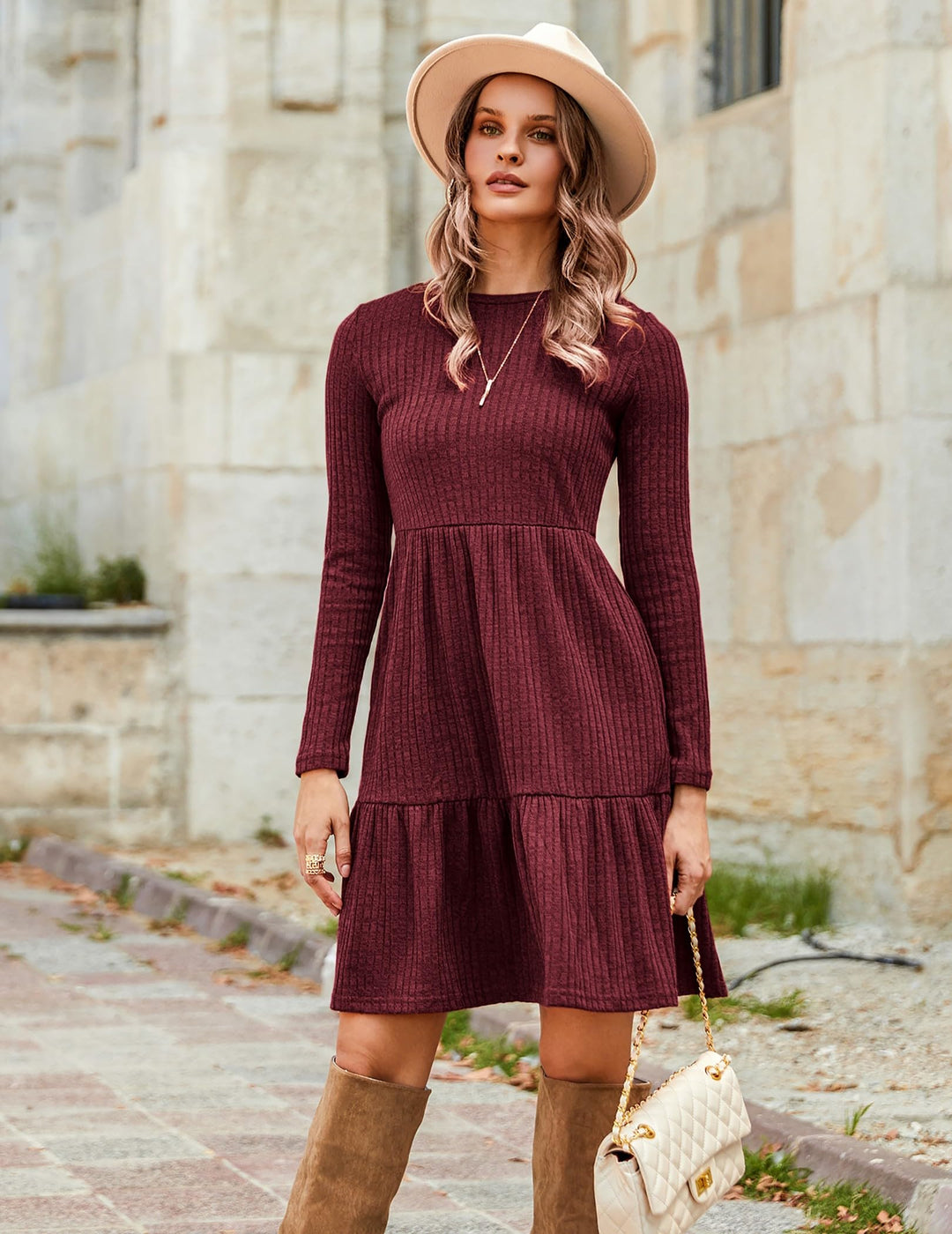 Lakelyn Vestito Donna Autunno – Maniche Lunghe, Collo Tondo & Tasche con Linea A Elegante