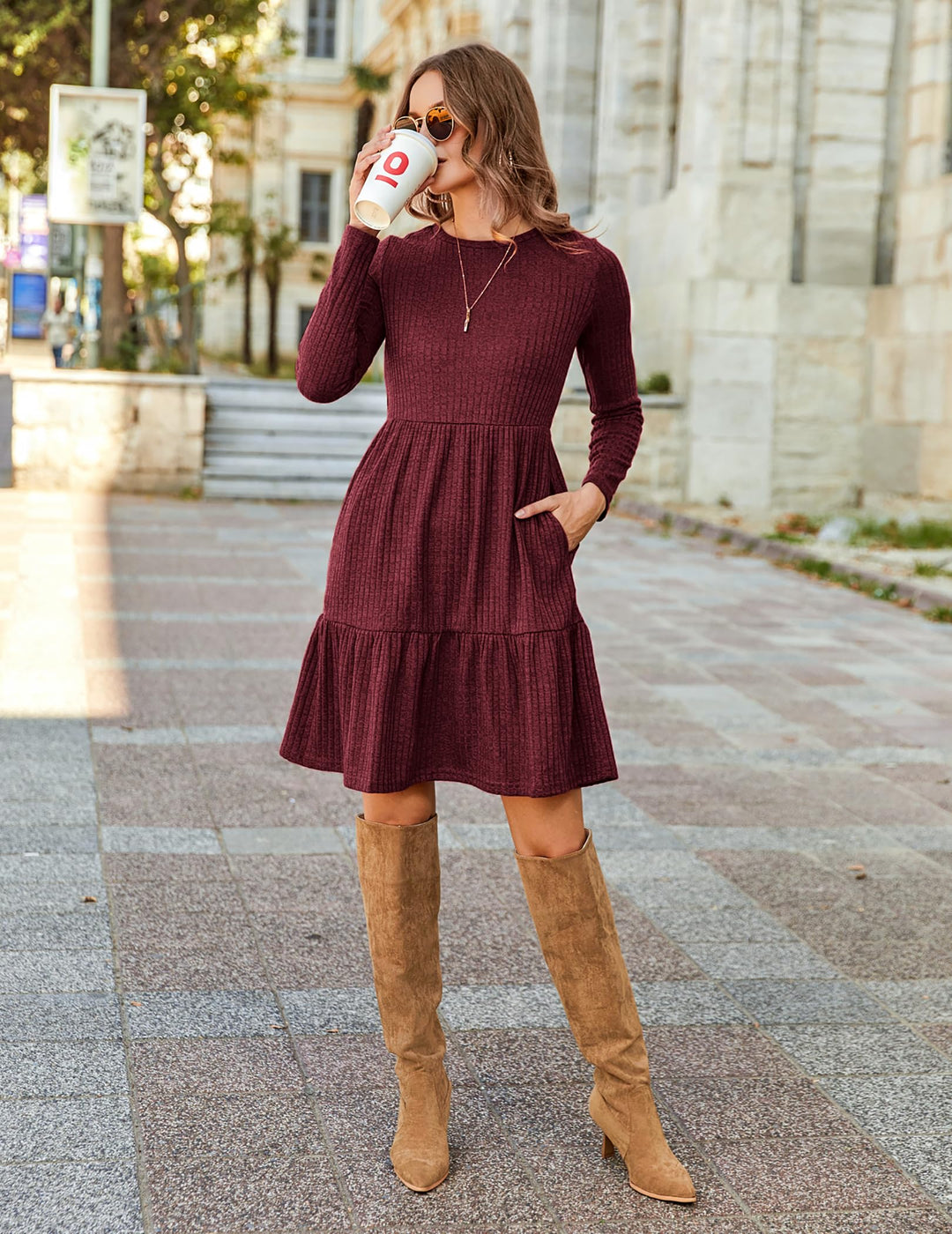 Lakelyn Vestito Donna Autunno – Maniche Lunghe, Collo Tondo & Tasche con Linea A Elegante