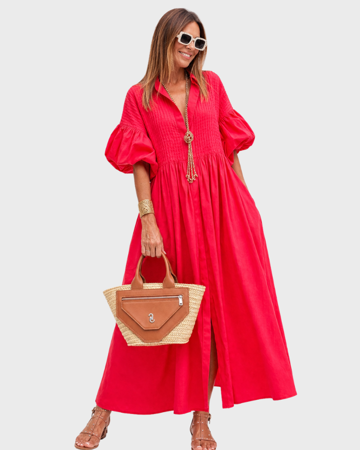 Donita Vestito Lungo Donna – Rosso Elegante, Taglio Ampio & Maniche a Palloncino