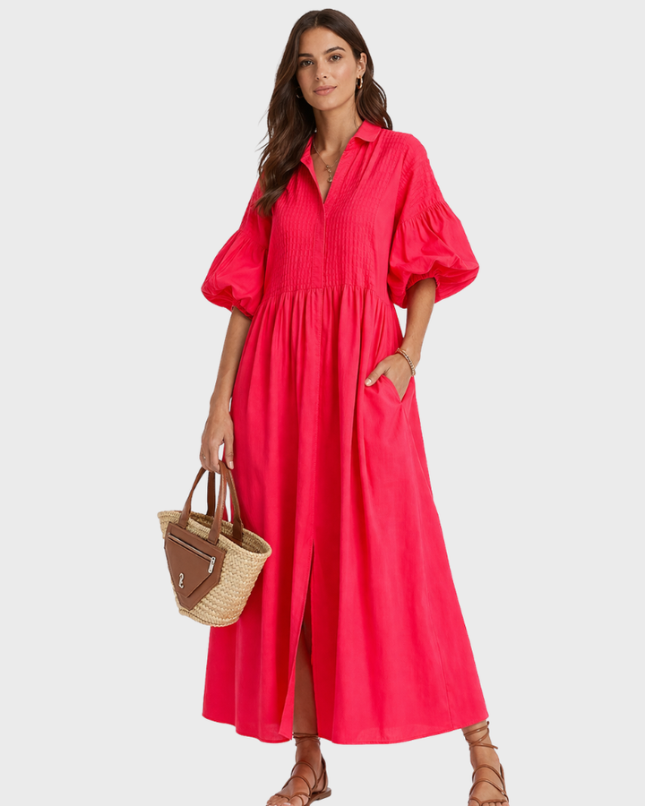 Donita Vestito Lungo Donna – Rosso Elegante, Taglio Ampio & Maniche a Palloncino