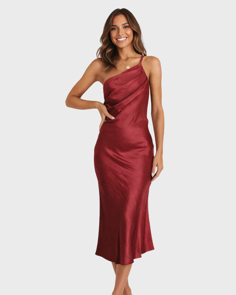 Zoe Rochie Lungă pentru Femei – Un Umăr, Spate Decupat & Material Mătăsos Elegant