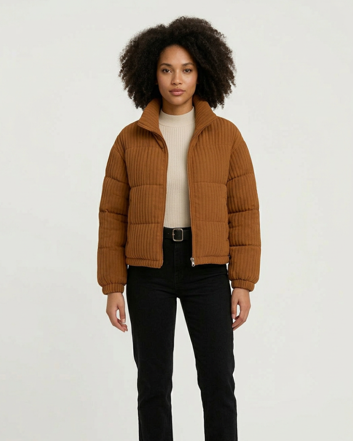 Sonya Women's Short Puffer Jacket – Ribbed, High Neck, Urban Style