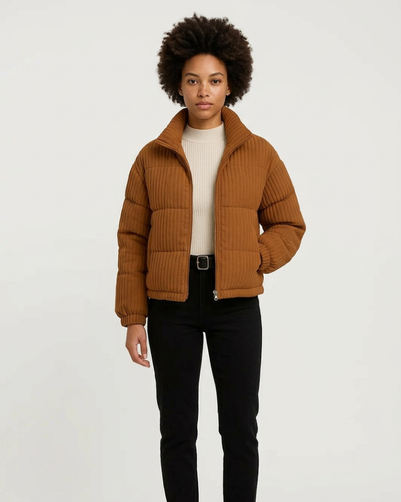 Sonya Women's Short Puffer Jacket – Ribbed, High Neck, Urban Style