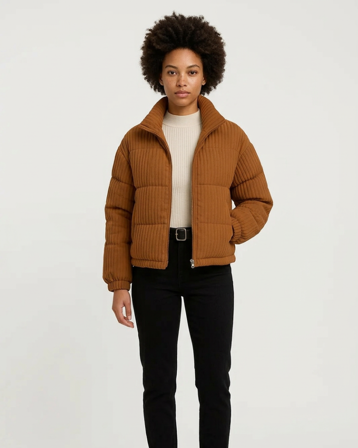 Sonya Women's Short Puffer Jacket – Ribbed, High Neck, Urban Style