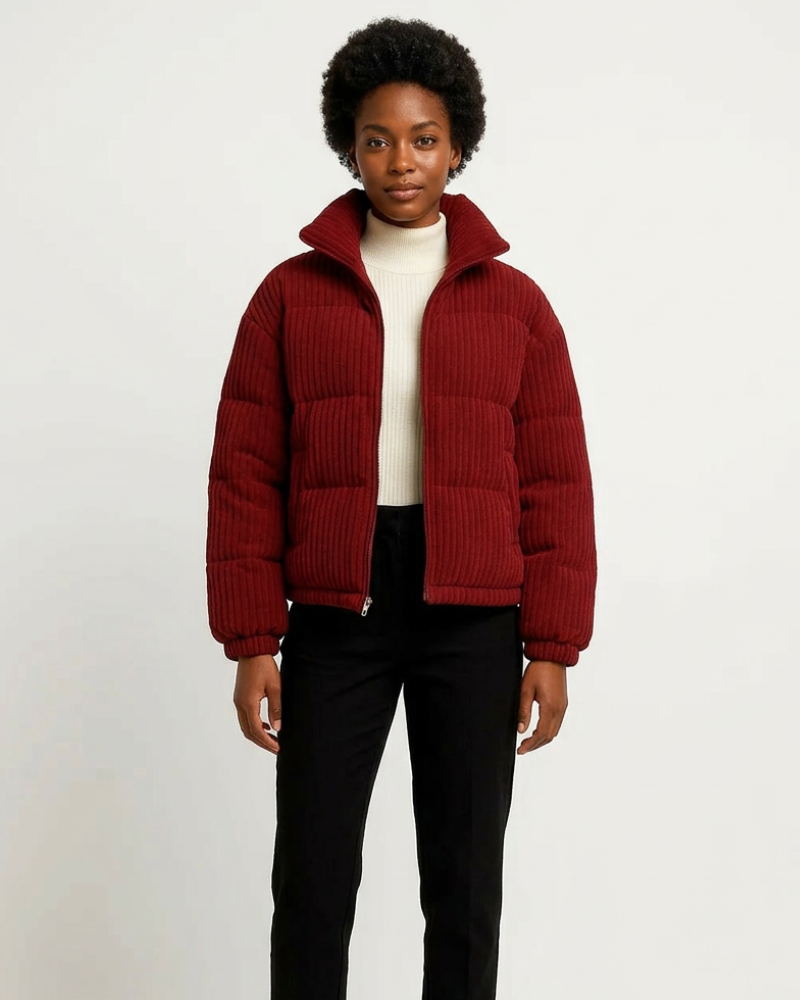 Sonya Women's Short Puffer Jacket – Ribbed, High Neck, Urban Style