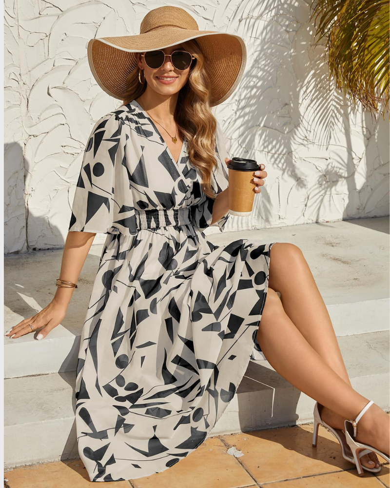 Aurora Maxi šaty pro ženy – Boho květinové, výstřih do V a elegantní elastický pas