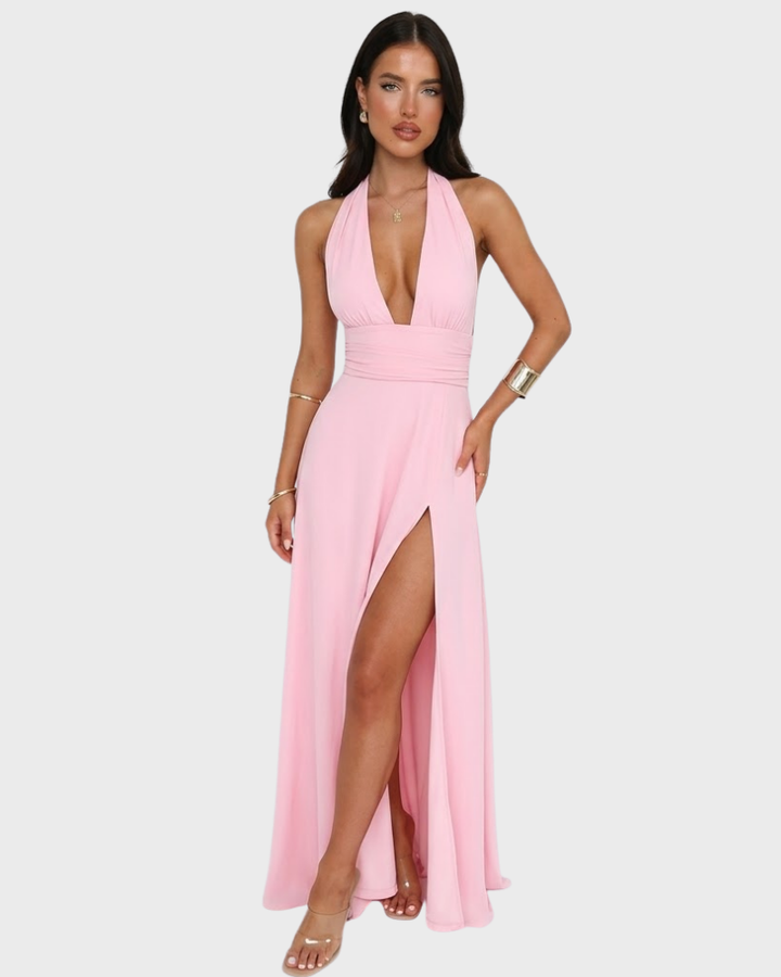 Angel Robe Femme Maxi Élégante – Robe Dos Nu avec Décolleté Plongeant et Fente Haute