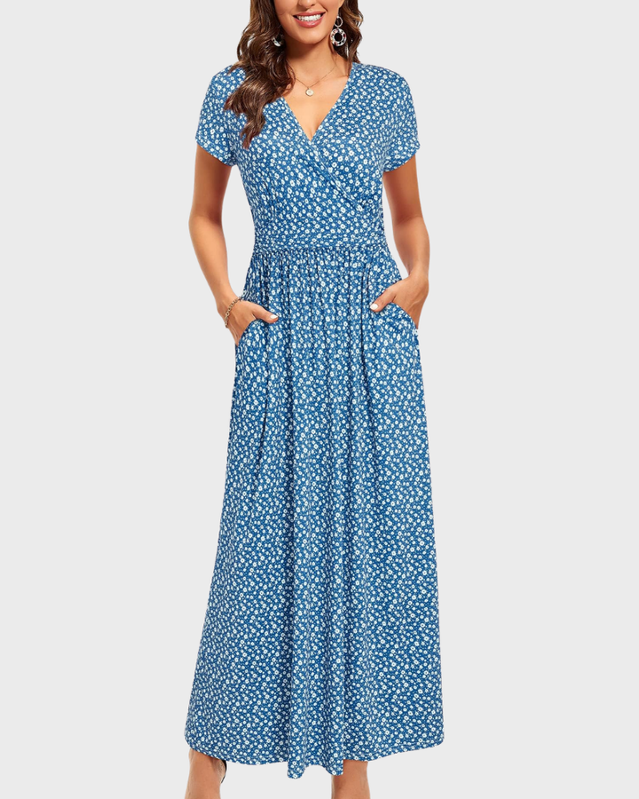 Alessia Maxikleid Damen – V-Ausschnitt, Wickeloptik mit Blumenmuster & Elegante Freizeittaschen