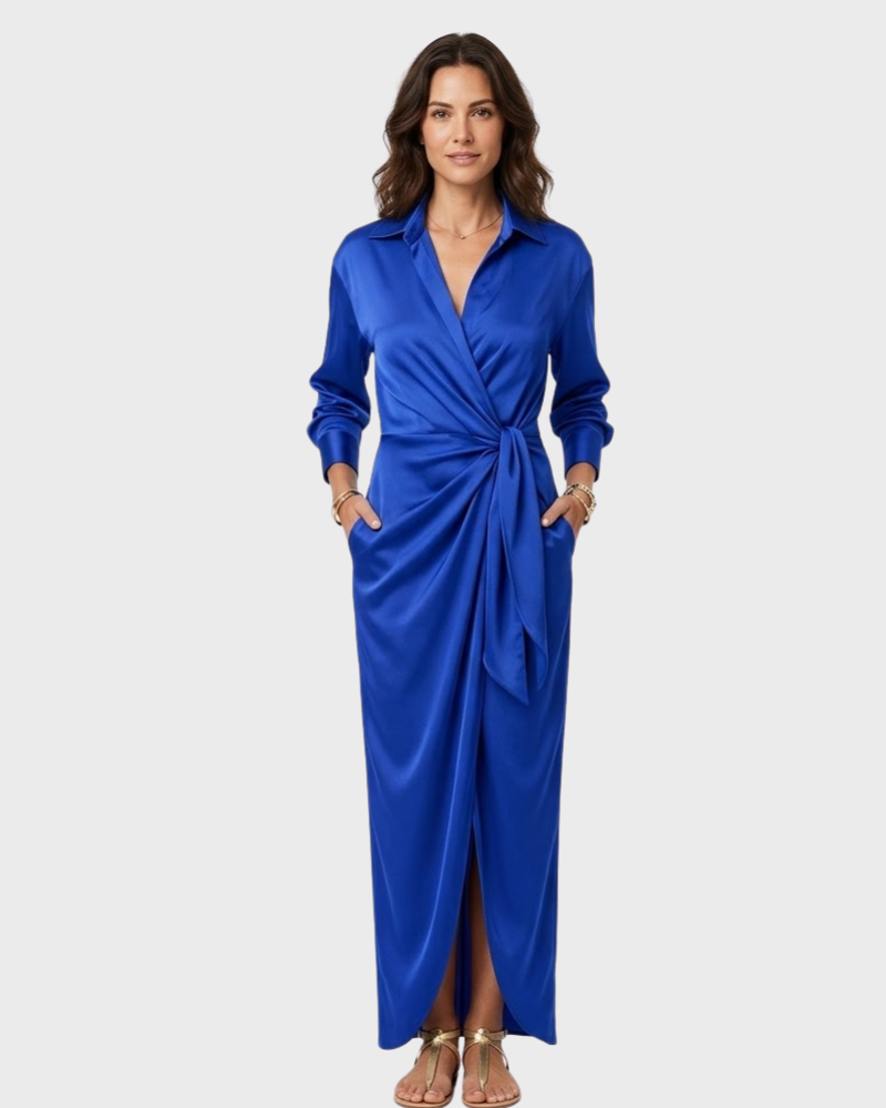 Adelmo Damen Maxikleid Elegantes Hemdkleid – Kleid mit Gürtel und Knöpfen, fließend