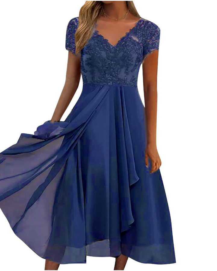 Aurora Vestito Maxi Donna – Pizzo & Chiffon Elegante, Mezze Maniche & Taglio Asimmetrico