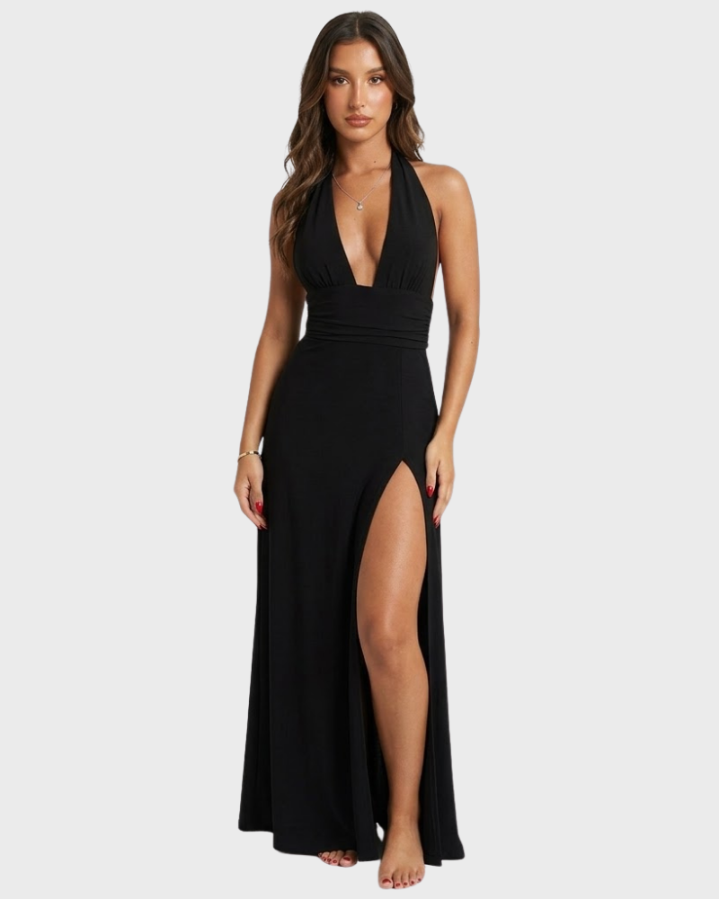 Angel Robe Femme Maxi Élégante – Robe Dos Nu avec Décolleté Plongeant et Fente Haute