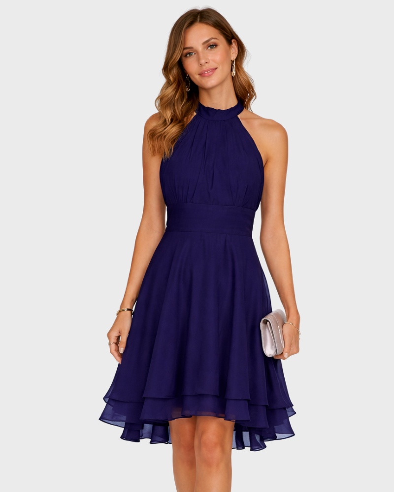 Candy Damen Mini-Halterkleid Elegant – A-Linien-Kleid mit Volants und High-Low-Saum