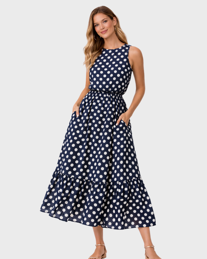 Sara Abito Donna Maxi a Pois – Vestito Senza Maniche con Scollo Rotondo Estivo