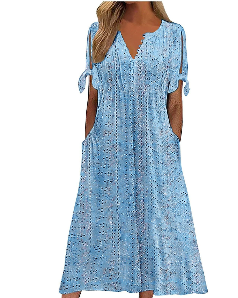 Maya Rochie Maxi pentru Femei – In Bumbac, Decolteu în V & Tunică Boho Oversize cu Buzunare