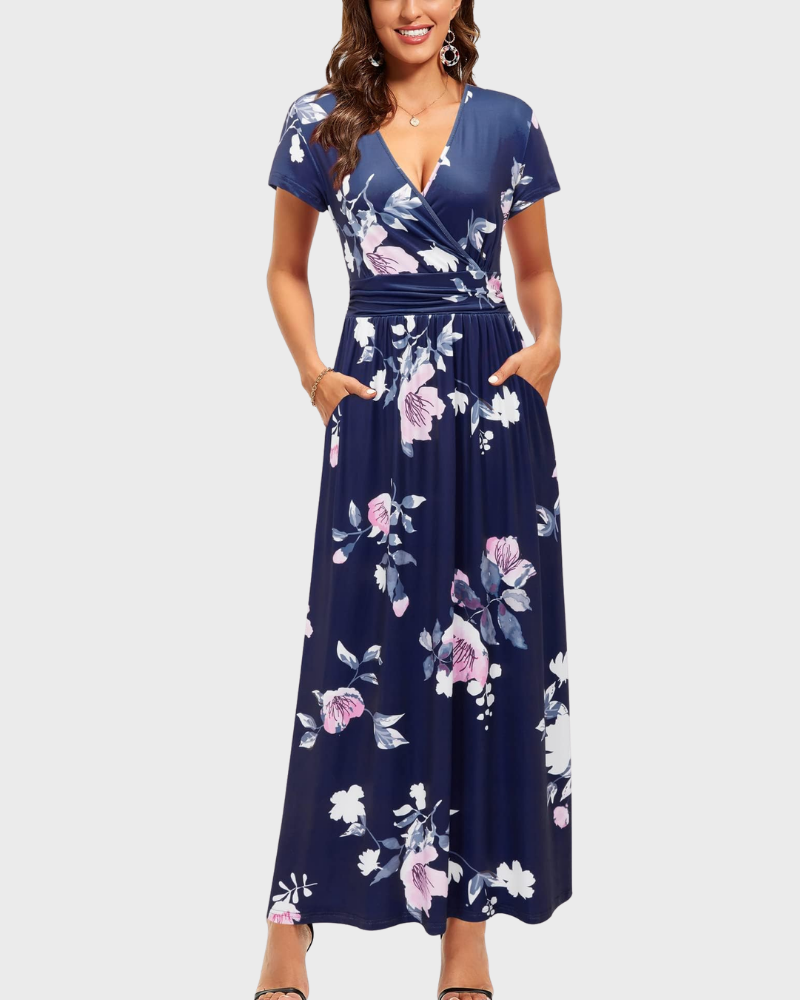 Alessia Maxikleid Damen – V-Ausschnitt, Wickeloptik mit Blumenmuster & Elegante Freizeittaschen