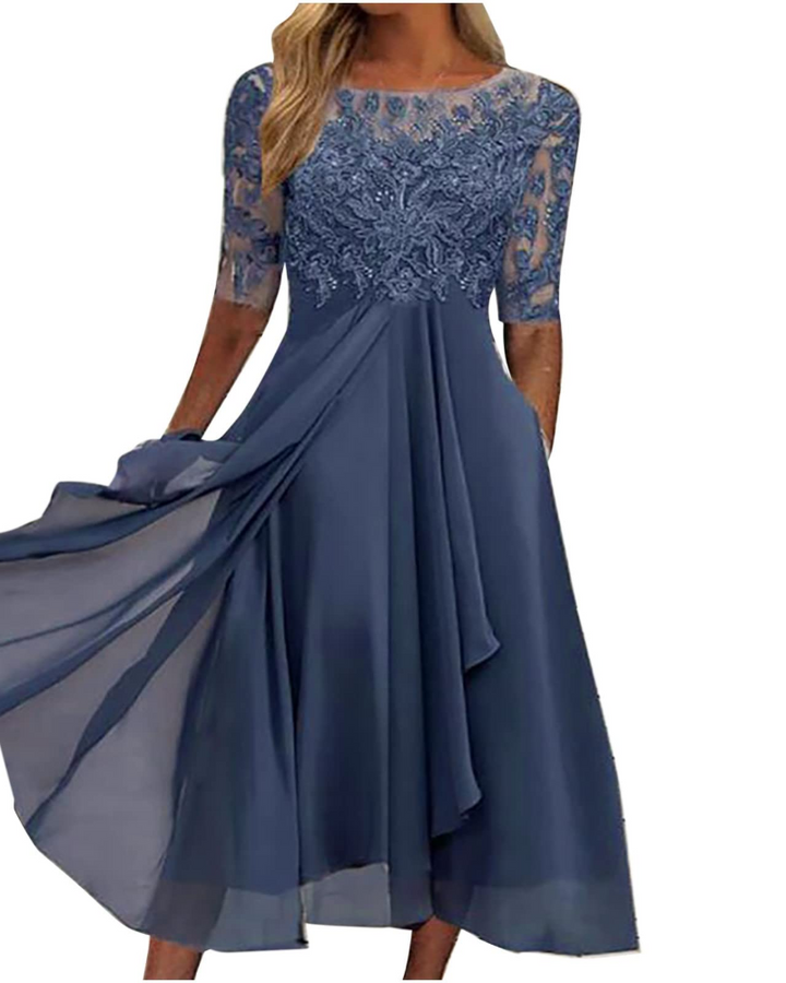 Aurora Vestito Maxi Donna – Pizzo & Chiffon Elegante, Mezze Maniche & Taglio Asimmetrico