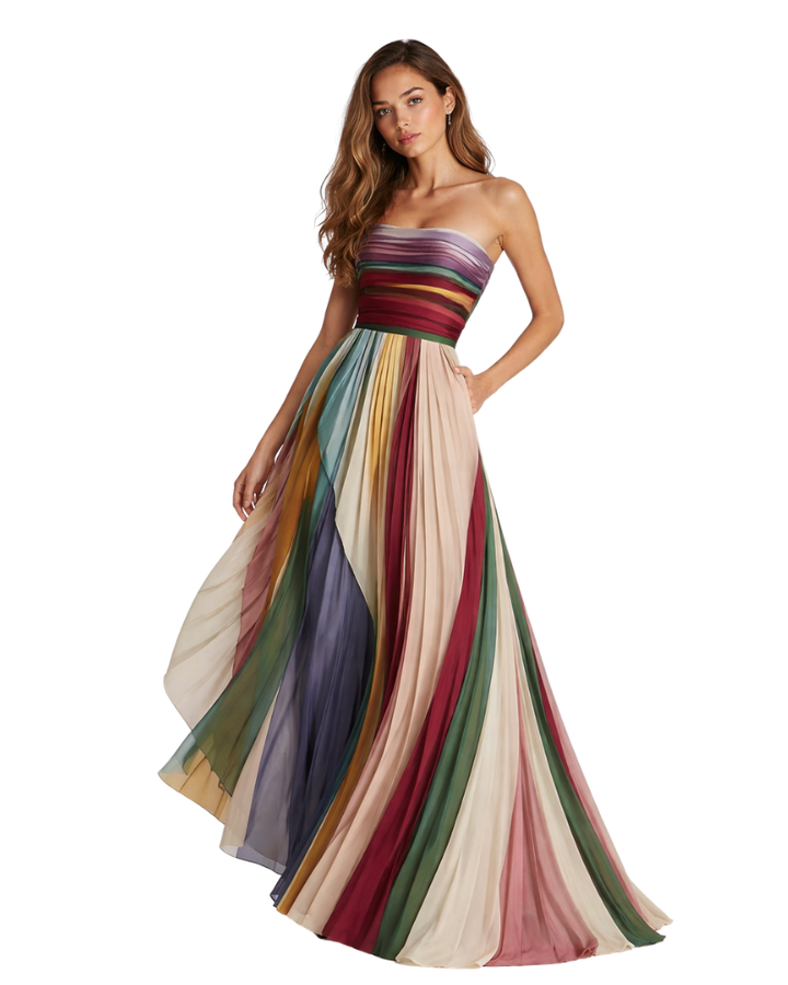 Fiorella Abito Donna Lungo Senza Spalline – Vestito a Righe Multicolor Fluido Estivo