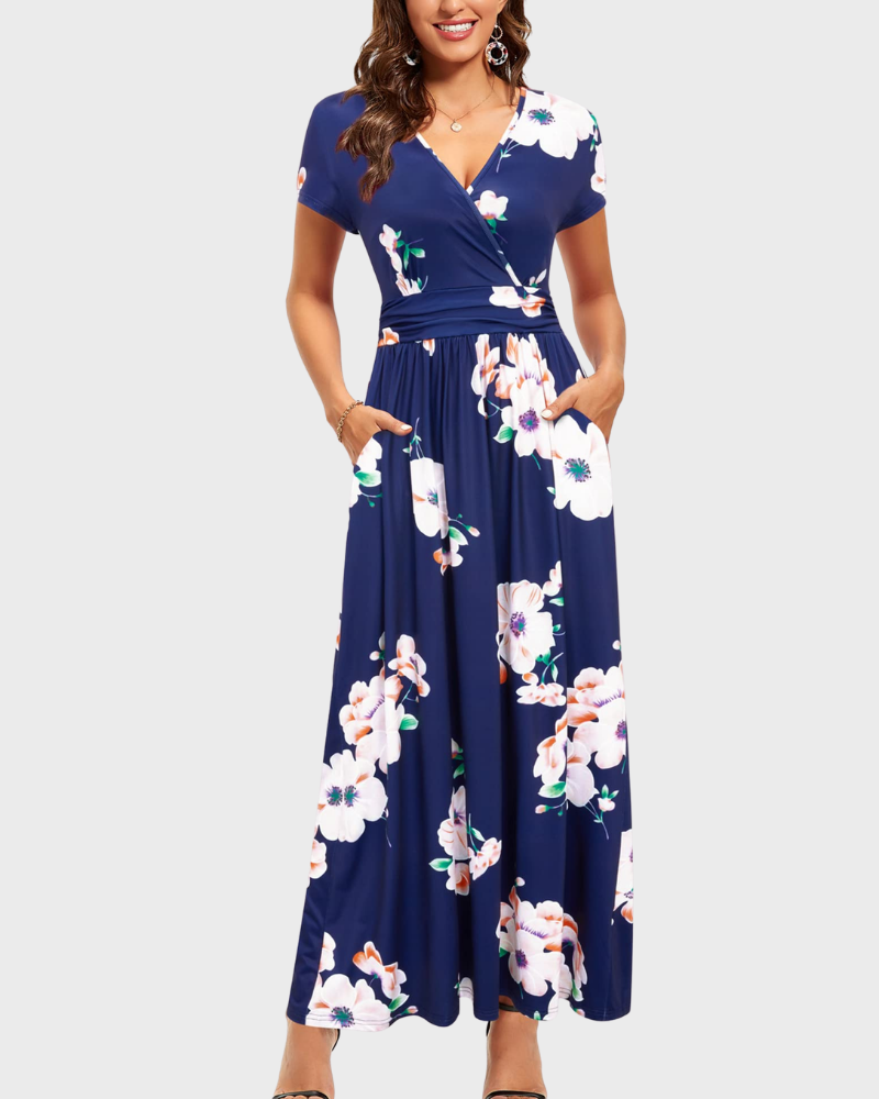 Alessia Maxikleid Damen – V-Ausschnitt, Wickeloptik mit Blumenmuster & Elegante Freizeittaschen