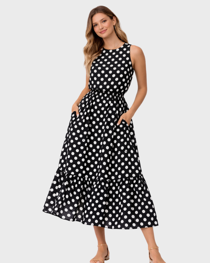 Sara Abito Donna Maxi a Pois – Vestito Senza Maniche con Scollo Rotondo Estivo