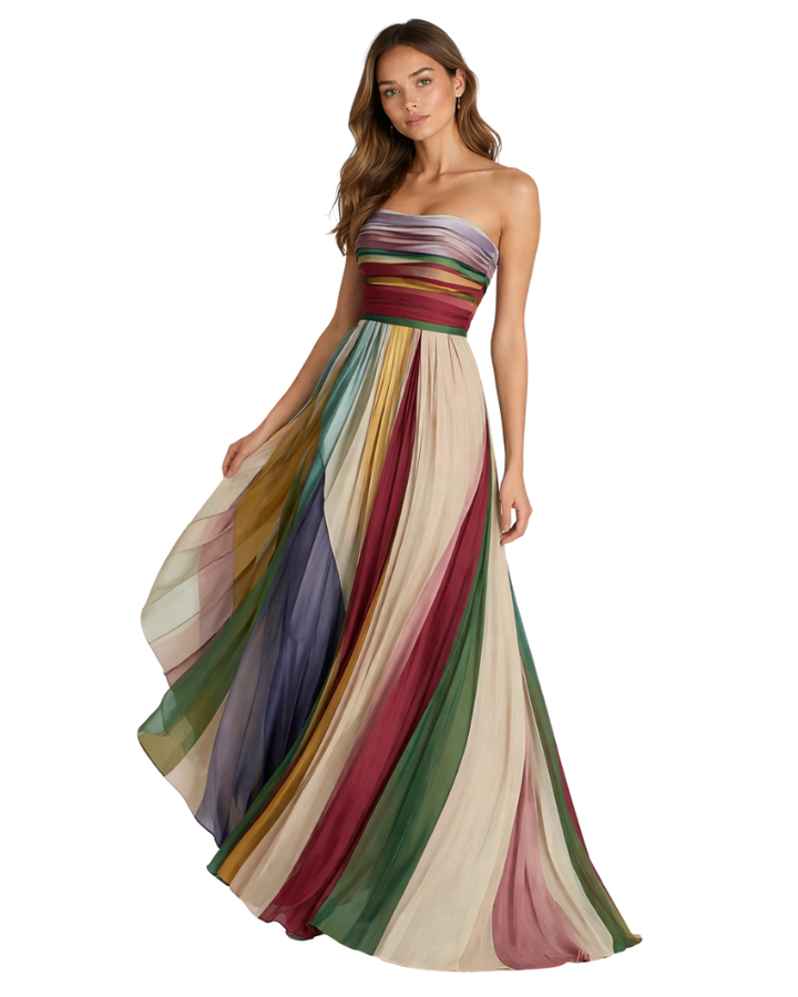Fiorella Abito Donna Lungo Senza Spalline – Vestito a Righe Multicolor Fluido Estivo
