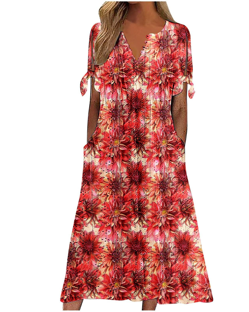 Maya Rochie Maxi pentru Femei – In Bumbac, Decolteu în V & Tunică Boho Oversize cu Buzunare