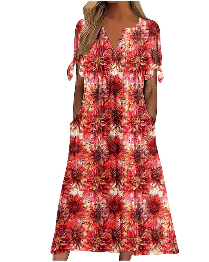 Maya Rochie Maxi pentru Femei – In Bumbac, Decolteu în V & Tunică Boho Oversize cu Buzunare