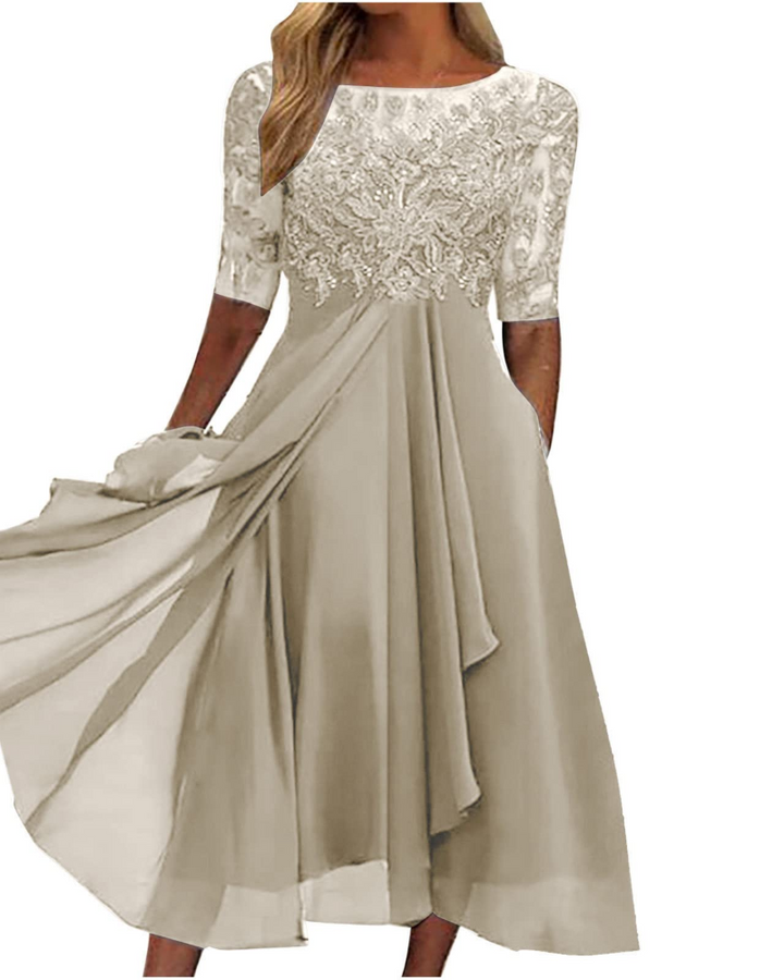 Aurora Vestito Maxi Donna – Pizzo & Chiffon Elegante, Mezze Maniche & Taglio Asimmetrico