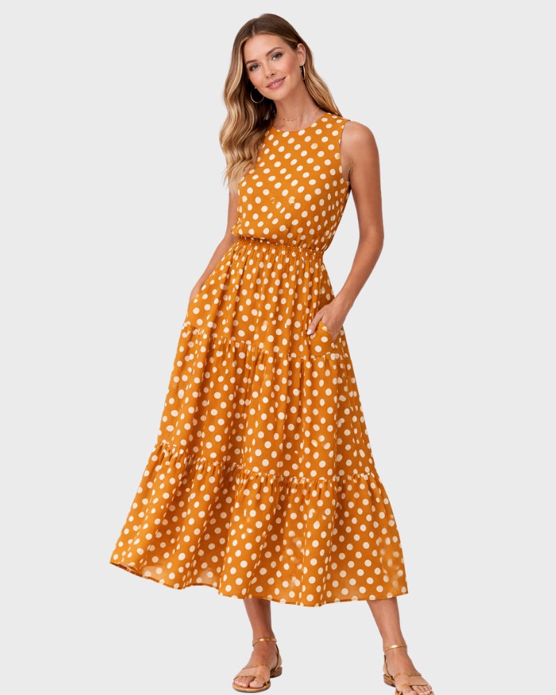 Sara Abito Donna Maxi a Pois – Vestito Senza Maniche con Scollo Rotondo Estivo