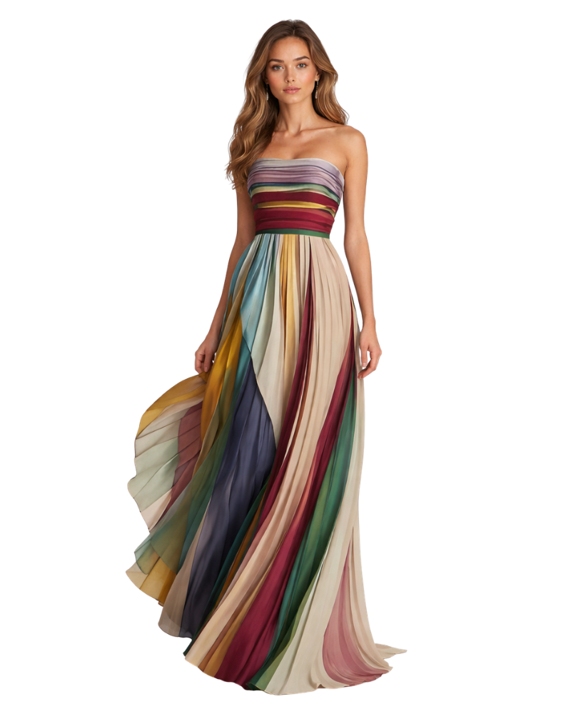 Fiorella Abito Donna Lungo Senza Spalline – Vestito a Righe Multicolor Fluido Estivo