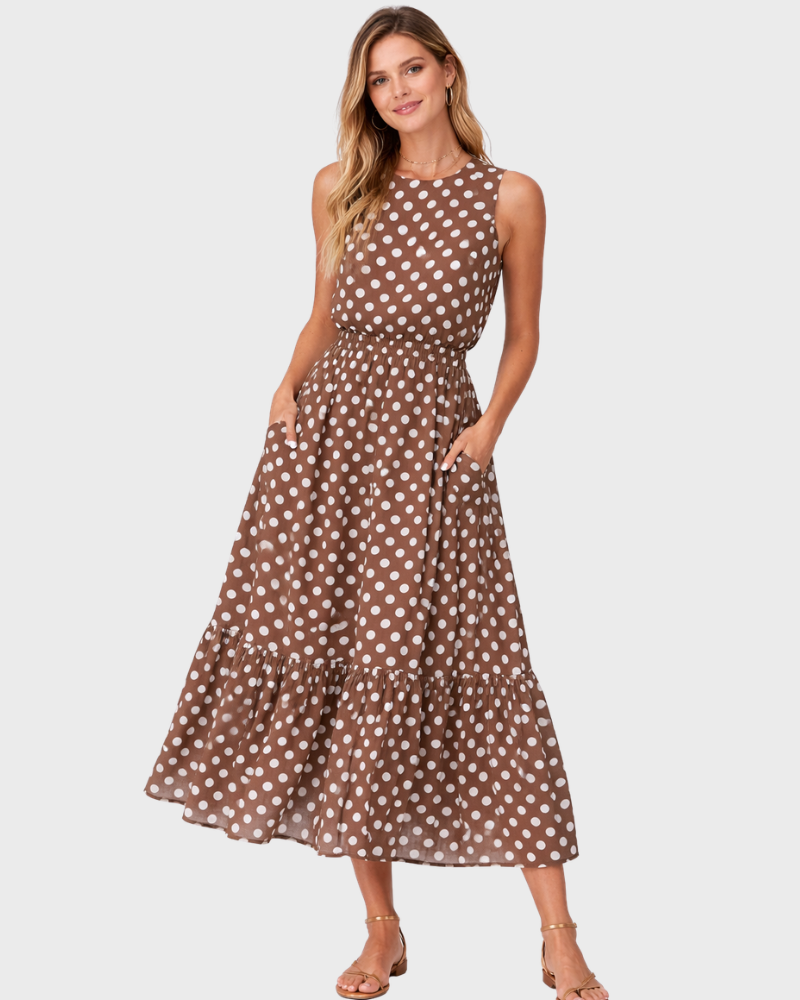 Sara Abito Donna Maxi a Pois – Vestito Senza Maniche con Scollo Rotondo Estivo