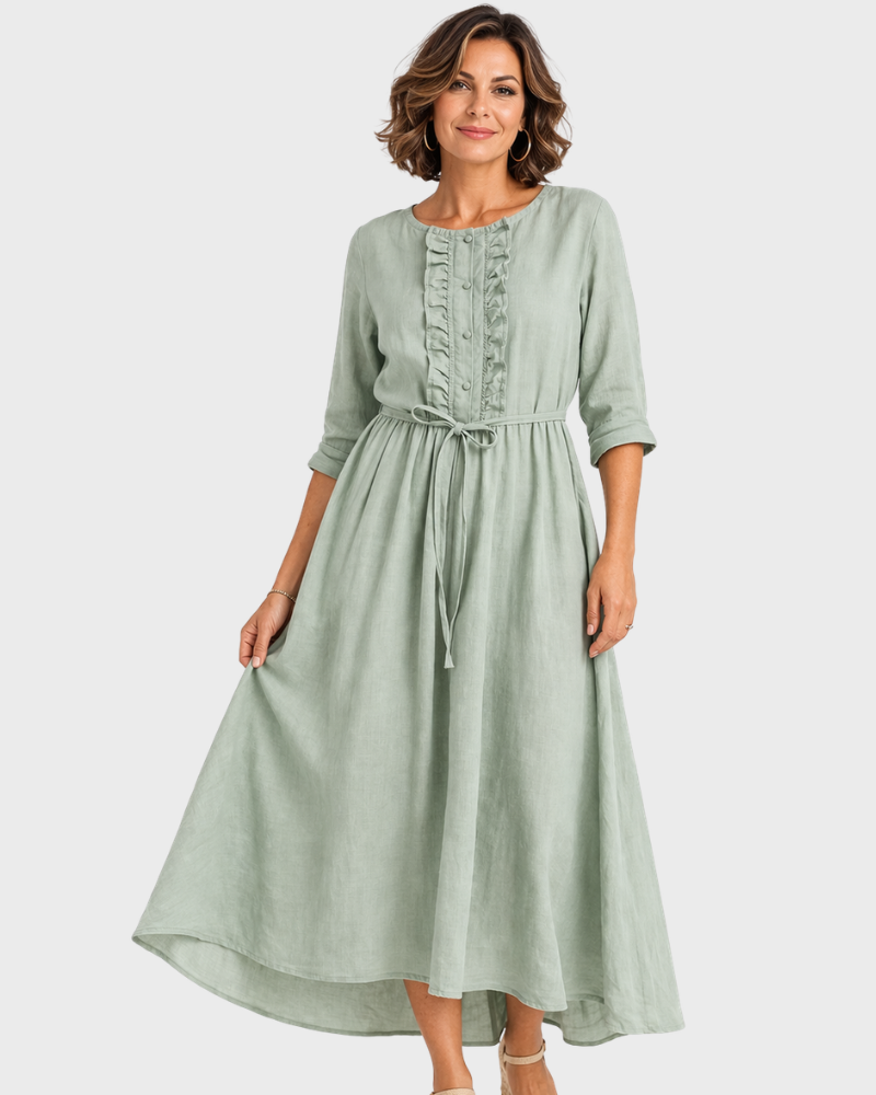 Edwina Vestito Midi Donna – Cotone Lino, Chiusura Regolabile & Stile Elegante Estivo