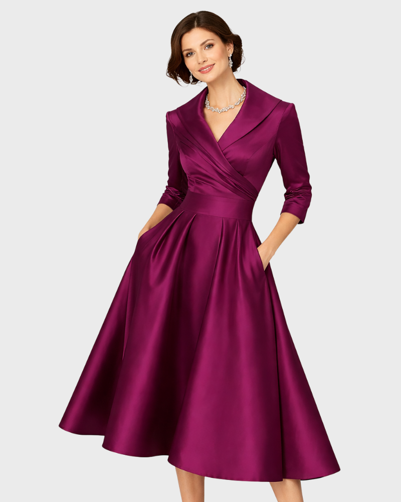 Lyka Dámské Midi Elegantní Šaty – Šaty Fit & Flare s Límcem Šálovým a Kapsami