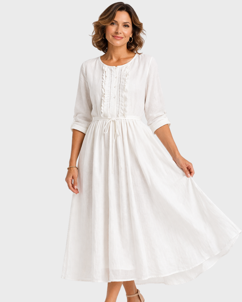 Edwina Vestito Midi Donna – Cotone Lino, Chiusura Regolabile & Stile Elegante Estivo