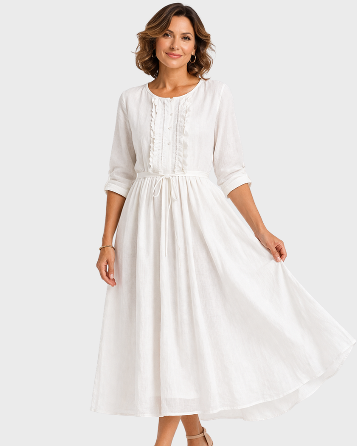 Edwina Vestito Midi Donna – Cotone Lino, Chiusura Regolabile & Stile Elegante Estivo