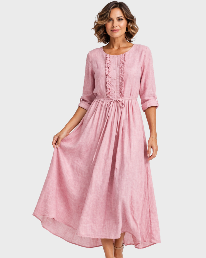 Edwina Vestito Midi Donna – Cotone Lino, Chiusura Regolabile & Stile Elegante Estivo